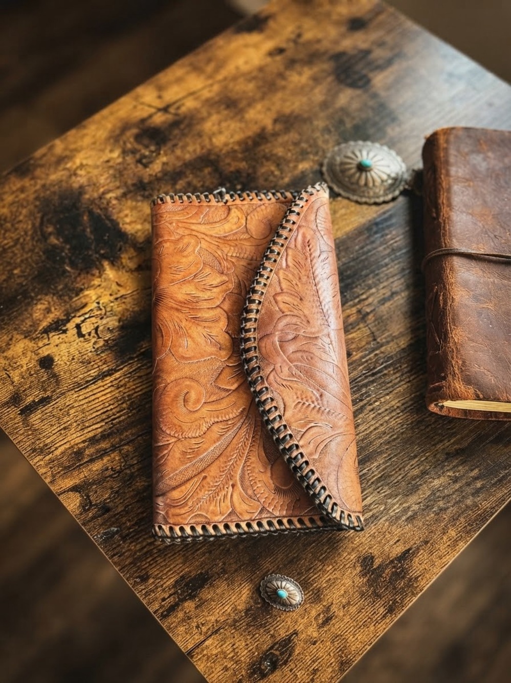 Hand-Tooled Brown Leather Wallet Clutch - Classic Western Style